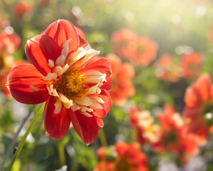 Beautiful red dahlia in soft morning light 