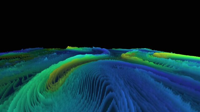 Fly above pixel sort mountain in blue and green color on black background. 3D animation