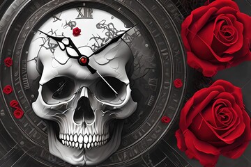 3795015592-mdjrny-v4 style human skull with red roses, clock, black raven 