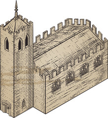 Medieval Building Map Icon Vintage Illustration