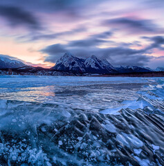 Frozen bubbles in Canadian Rockies, Abraham Lake, Banff National Park