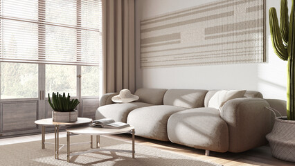 Modern bleached wooden living and room in white and beige tones. Fabric sofa, parquet floor, window and decors. Japandi interior design