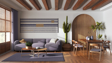Wooden farmhouse living and dining room in white and purple tones. Fabric sofa, table with chairs and decors. Contemporary interior design