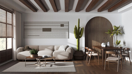 Dark wooden farmhouse living and dining room in white and beige tones. Fabric sofa, table with chairs and decors. Contemporary interior design