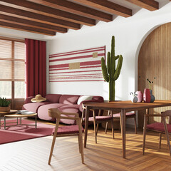 Modern dining and living room in white and red tones. Table with chairs and decors, sofa with carpet. Farmhouse interior design