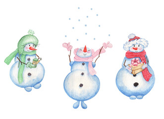 Christmas set of snowmen in hats