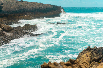 Atlantic ocean. Stormy summer day Big sea wave on rocky beach. Beaty in nature. Dramatic sea view