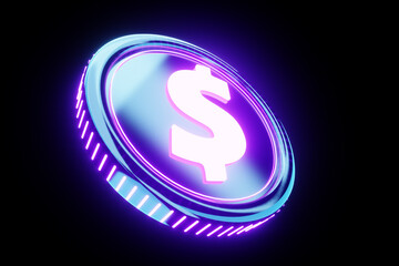 Dollar neon coin 3d, modern design on a dark background. The concept of technology, internet commerce, business, globalization. 3d illustration, 3d render, copy space.