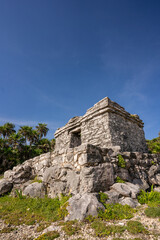 The ruins of a beautiful pyramid in the archaeological zone of Tulum in Mexico.