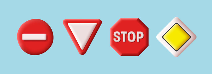 Road signs 3d icon set with stop sign, main and secondary road and forbidden brick