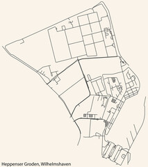 Detailed navigation black lines urban street roads map of the HEPPENSER GRODEN DISTRICT of the German town of WILHELMSHAVEN, Germany on vintage beige background