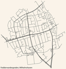 Detailed navigation black lines urban street roads map of the FEDDERWARDERGRODEN DISTRICT of the German town of WILHELMSHAVEN, Germany on vintage beige background