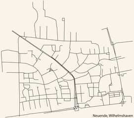 Detailed navigation black lines urban street roads map of the NEUENDE DISTRICT of the German town of WILHELMSHAVEN, Germany on vintage beige background