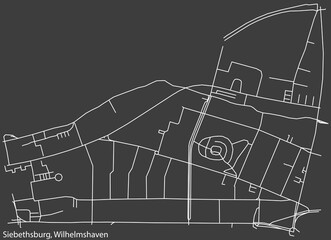 Detailed negative navigation white lines urban street roads map of the SIEBETHSBURG DISTRICT of the German town of WILHELMSHAVEN, Germany on dark gray background