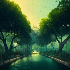 man-made river in abandoned city