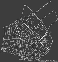 Detailed negative navigation white lines urban street roads map of the HEPPENS DISTRICT of the German town of WILHELMSHAVEN, Germany on dark gray background