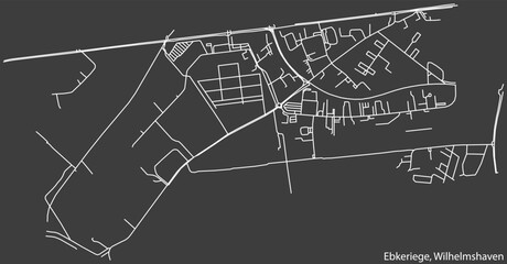 Detailed negative navigation white lines urban street roads map of the EBKERIEGE DISTRICT of the German town of WILHELMSHAVEN, Germany on dark gray background