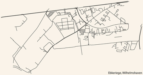 Detailed navigation black lines urban street roads map of the EBKERIEGE DISTRICT of the German town of WILHELMSHAVEN, Germany on vintage beige background