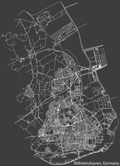 Detailed negative navigation white lines urban street roads map of the German town of WILHELMSHAVEN, GERMANY on dark gray background