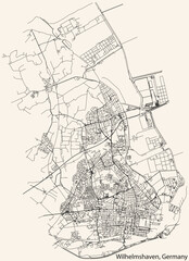 Fototapeta na wymiar Detailed navigation black lines urban street roads map of the German town of WILHELMSHAVEN, GERMANY on vintage beige background