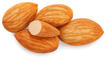 Almonds isolated on white background. Almond nut collection .