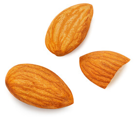 Obraz na płótnie Canvas Almonds isolated on white background. Almond nut raw pieces flat lay. Top view.