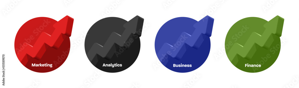 Poster set of business labels, circle with 3d arrows pop up from it in different colors