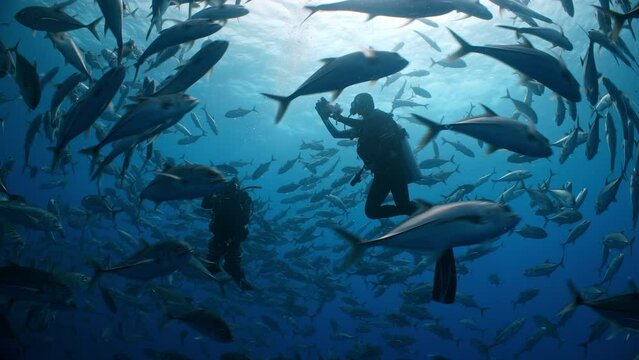 SCUBA Divers surrounded by school of silver fish