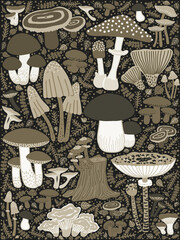 Assorted mushrooms. Decorative panel. Handmade.