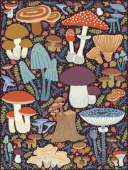 Assorted mushrooms. Decorative panel. Handmade.