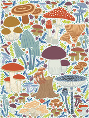 Assorted mushrooms. Decorative panel. Handmade.