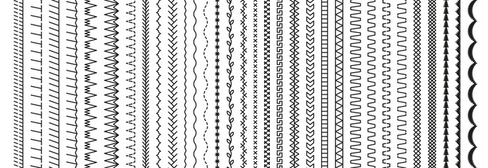 Seamless pattern embroidery stitches. Overlock fabric elements. Sewing seams. Set of machine thread sew brushes. Outline border isolated on white background. Simple design. Vector illustration.