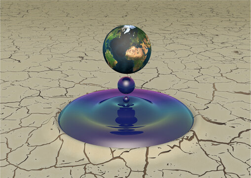 water drop with world on cracked earth background