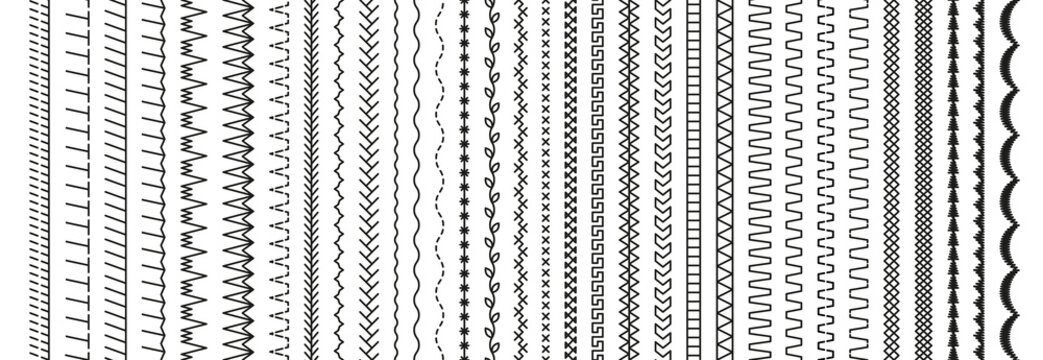 Seamless pattern embroidery stitches. Overlock fabric elements. Sewing seams. Set of machine thread sew brushes. Outline border isolated on white background. Simple design. Vector illustration.