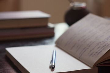 Open Notepad with handwritten notes with blue pen, books in the background - 551591428