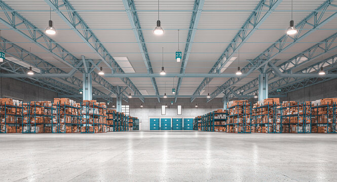industrial interior, warehouse with goods and shelves.