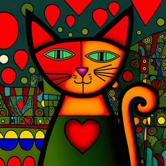 Colorful cute cat with heart, Valentine´s cat, colored cat, emotions, illustration, digital