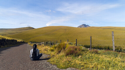 Alone person looking at a natural landscape, Cotopaxi and Antisana volcano