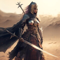 Female warrior in the desert created with AI - obrazy, fototapety, plakaty