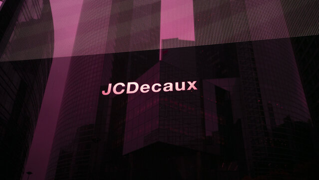November 2022. Logo JCDecaux on a sign in a city. JC Decaux logo on a digital advertising. Jc Decaux's celebrating over 40 years for self-cleaning public toilets.