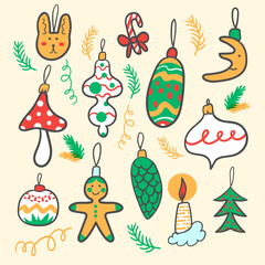 christmas set of cartoon elements in flat style vector