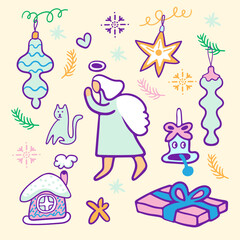 christmas set of cartoon elements in flat style vector