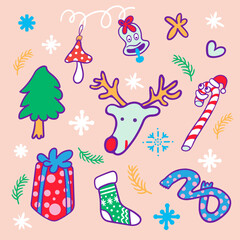 christmas set of cartoon elements in flat style vector