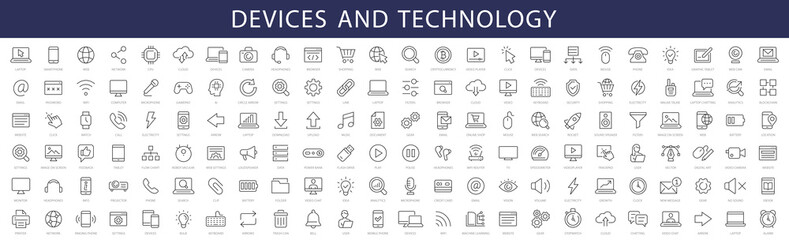 Device and Technology thin line icons set. Web icons. Devices, Computer, Smartphone, Tablet, Mail, Search, Tablet, Cloud, Media icon. Vector illustration - 551593438