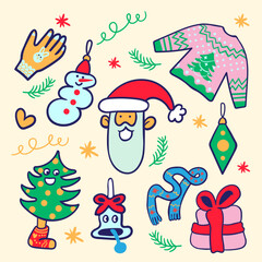 christmas set of cartoon elements in flat style vector