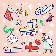 christmas set of cartoon elements in flat style vector