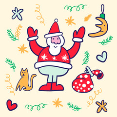 figure of santa claus with a bag of gifts and christmas elements
