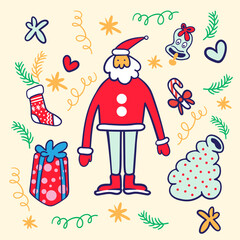 figure of santa claus with a bag of gifts and christmas elements