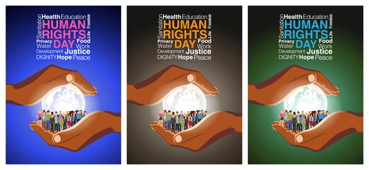 A set of world humans rights day vector abstract poster. Earth model and humans between two hands. - obrazy, fototapety, plakaty
