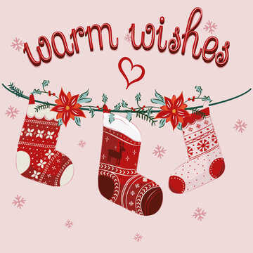 Christmas greeting card. Warm Wishes with Christmas stockings Christmas card Vector. Great for Winter backgrounds, cards, stickers, banners, social media. Vector